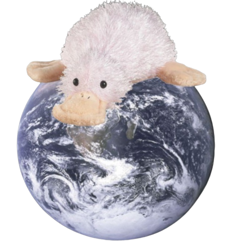 id: a photo of a webkinz platypus over a png of the earth.